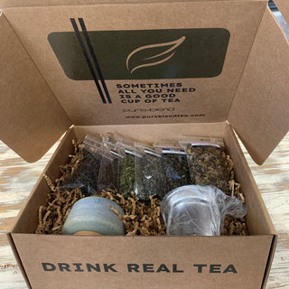 A selection of tea from Pureblend, offered in an exclusive tasting box. Determine which variation of tea suits your preferences and have a unique tea experience.
Each box contains a curated, hand picked selection of six, one ounce flavored teas, a metal steeper and a beautiful handmade tasting cup.