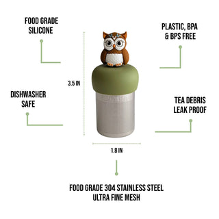 An infographic diagram of a tea infuser with an owl-shaped handle, surrounded by text callouts detailing its features: 'FOOD GRADE SILICONE', 'PLASTIC, BPA & BPS FREE', 'DISHWASHER SAFE', 'TEA DEBRIS LEAK PROOF', 'FOOD GRADE 304 STAINLESS STEEL ULTRA FINE MESH', along with dimensions of 3.5 IN height and 1.