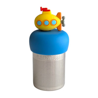 Colorful submarine-shaped container on top of a blue and silver cylindrical device with 'FLOAT2INFUSE' branding.