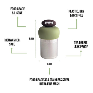 A coffee infuser with a football-shaped top, shown on a white background with text callouts describing its features: food grade silicone, dishwasher safe, plastic BPA & BPS free, tea debris leak proof, and food grade 304 stainless steel ultra fine mesh. Dimensions are labeled as 3.