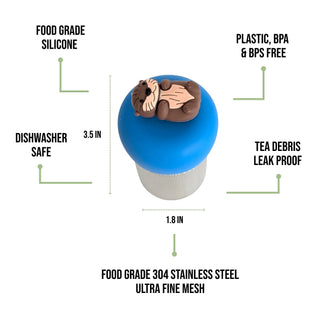 Blue tea infuser with lion-shaped silicone end, featuring text on material safety and dimensions.