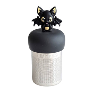 Black bat-shaped infuser on top of a cylindrical metal container with 'FLOAT2INFUSER' branding.