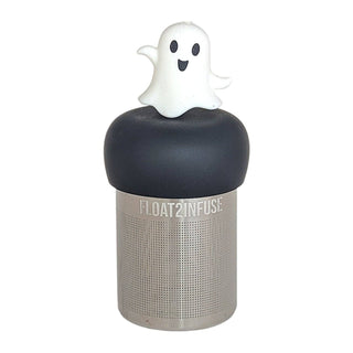 A stainless steel tea nfuser with a black top cap and a white ghost-shaped accent on top, featuring the brand name FLOAT2INFUSE on the side.