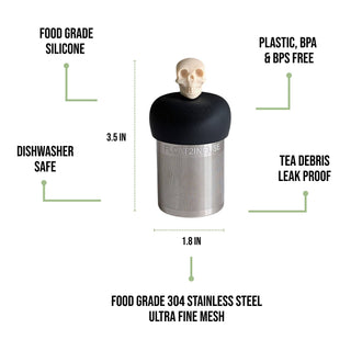 A floating tea infuser with a skull-shaped handle on a black top and stainless steel mesh body, shown with feature callouts and dimensions on a white background.