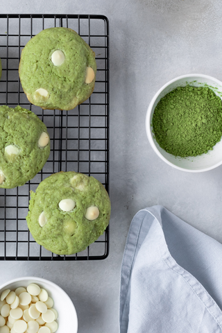 Photograph of white chocolate chip matcha cookies using organic matcha from Pureblend Tea, Tea in Lancaster PA