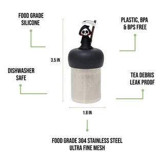 A tea infuser basket with a black silicone top and a small Grim Reaper figure, shown on a white background with text callouts about food grade silicone, dishwasher safe, plastic BPA & BPS free, tea debris leak proof, and food grade 304 stainless steel ultra fine mesh. Dimensions of 3.
