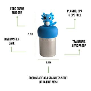 A tea infuser with a blue dragon figurine on top, shown with text callouts detailing its features: 3.5-inch height, 1.