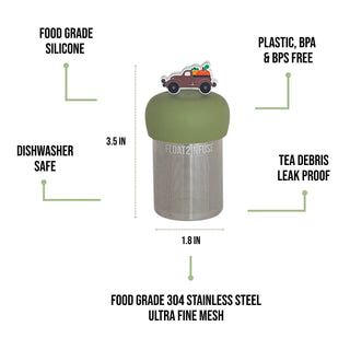 A floating tea infuser with a green top, stainless steel mesh body, and a small truck decoration on top, shown on a white background with feature callouts and dimensions.