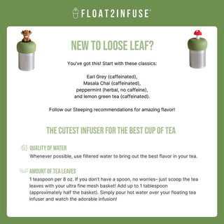 Tea infuser product with brand name 'Float2Infuse' on a green background