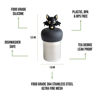 A tea infuser with a black bat-shaped lid and a silver mesh body, shown on a white background with text callouts about food grade silicone, dishwasher safety, BPA-free plastic, tea debris leak proof, and stainless steel mesh. Dimensions of 3.
