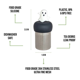 A floating tea infuser with a white ghost on top, shown on a white background with text callouts detailing its features: food grade silicone, dishwasher safe, plastic BPA & BPS free, tea debris leak proof, and food grade 304 stainless steel ultra fine mesh. The image includes dimension labels of 3.