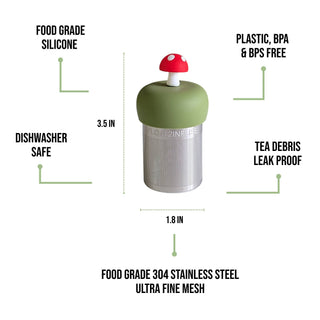 Tea infuser with features listed on a white background