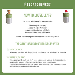 Float2Infuse tea infuser product with usage instructions on a green background